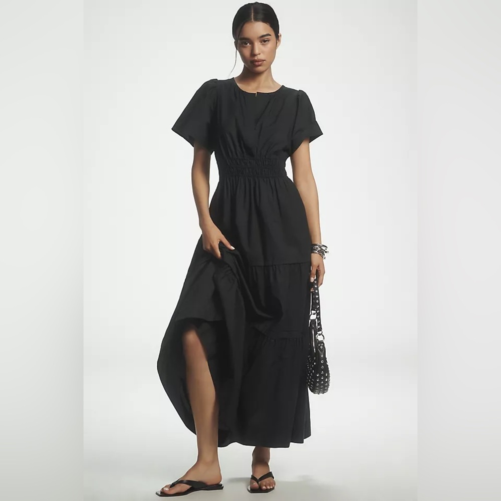 Anthropologie Black Smocked-Waist Tiered Maxi Dress